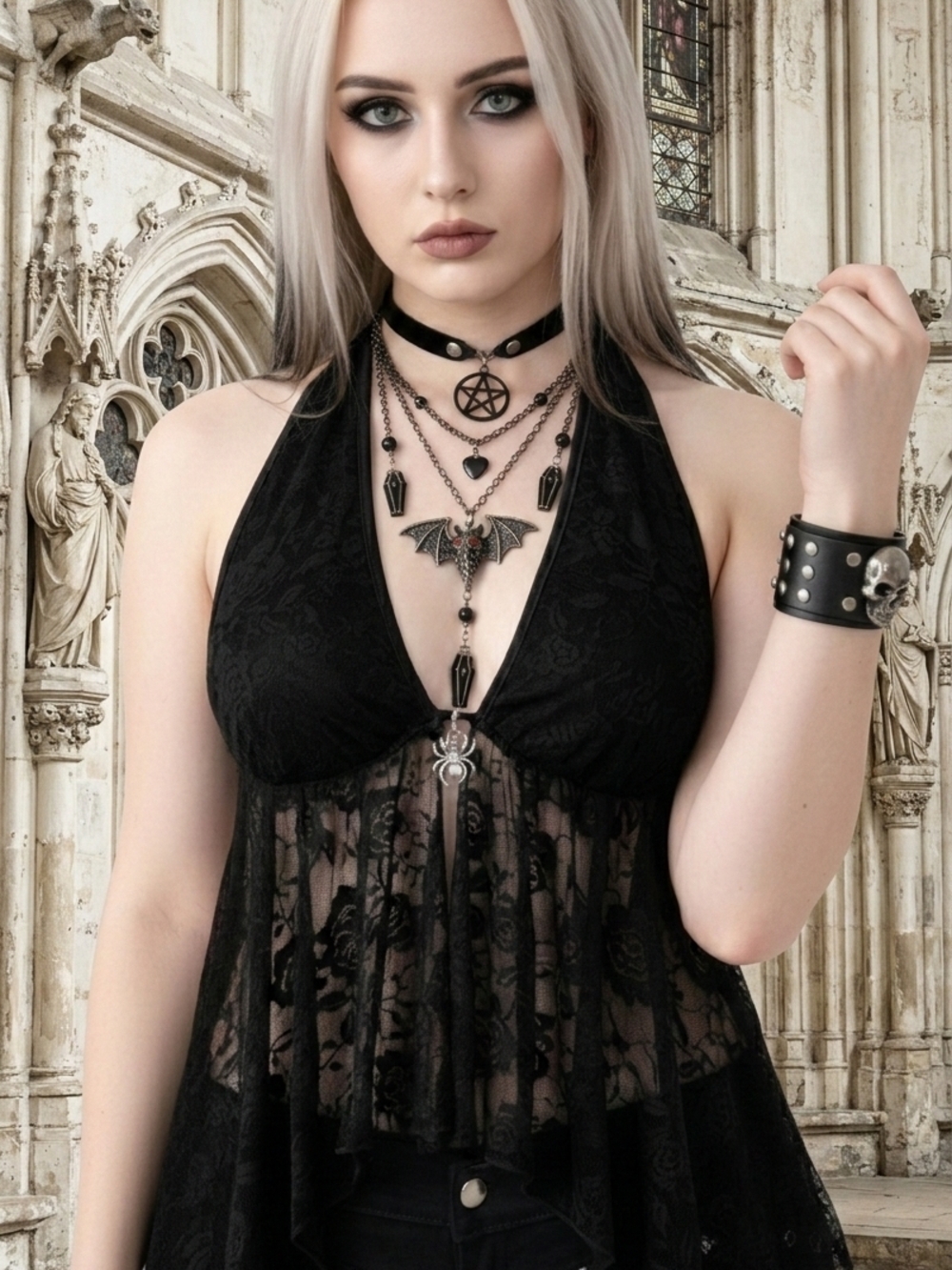 Black Lace Halter Babydoll Top - Gothic Women's Blouse